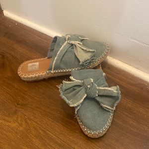 Denim bow tie mules